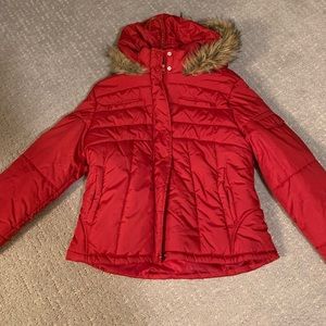 Red puffer jacket with faux fur trimmed hood